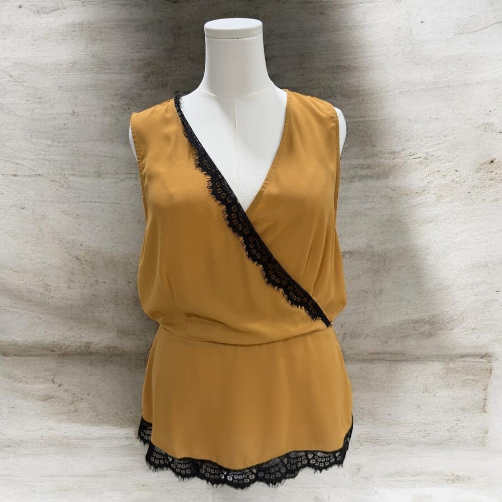 Pleione Mustard Lace Trim Sleeveless Wrap Blouse Boho Chic Tank Top Womens L